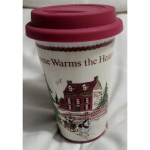 Fitz Floyd Home Warms The Heart  Ceramic Go Cup Silicone Lid Christmas